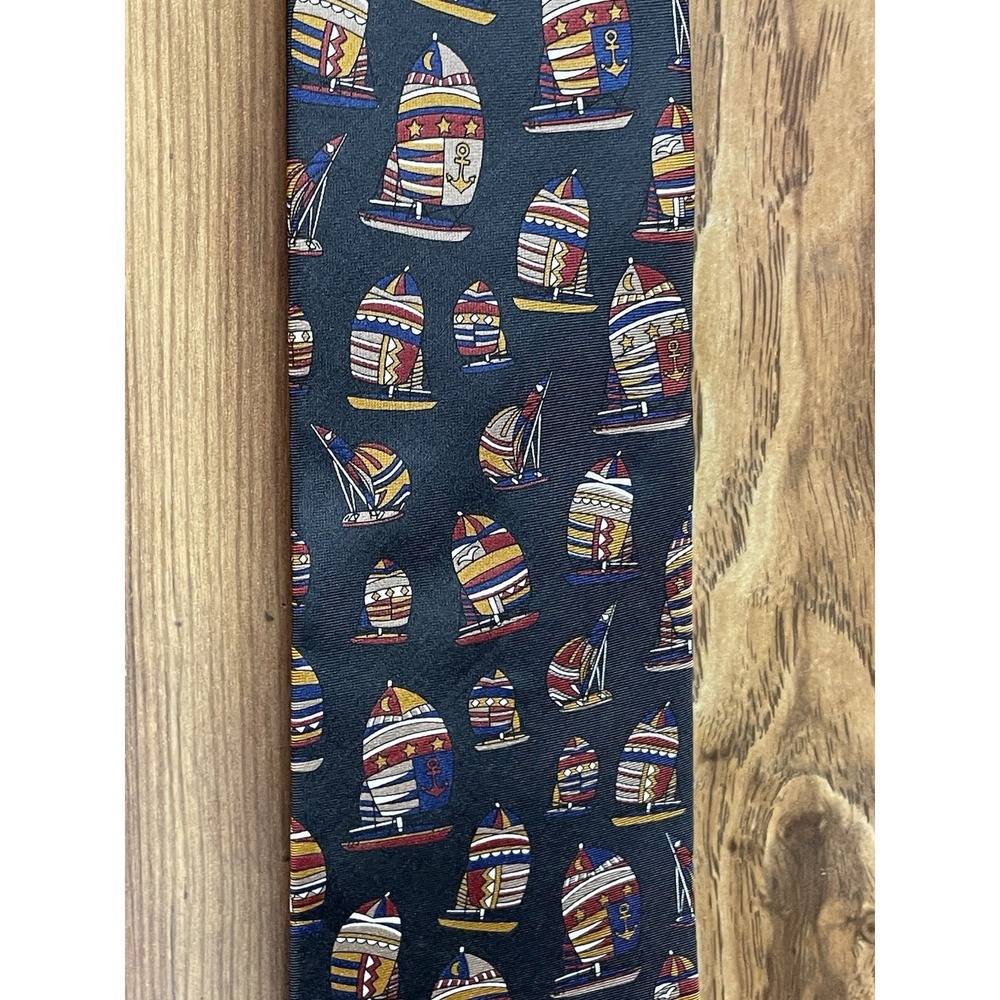 Vtg‎ Brooks Brothers Makers Silk Tie Black Multi Color Sailboats Necktie 3 5/8